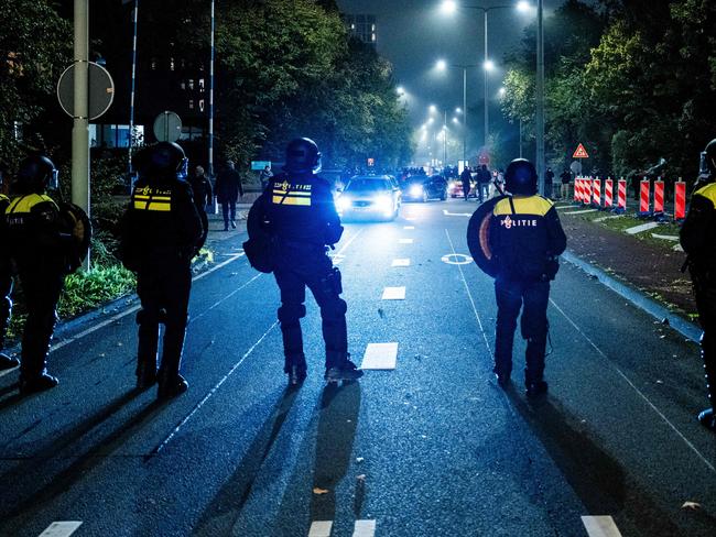 Police officers from the Mobile Unit (ME) secure during a pro-Palestinian demonstration on the sideline of the UEFA Europa League football match.