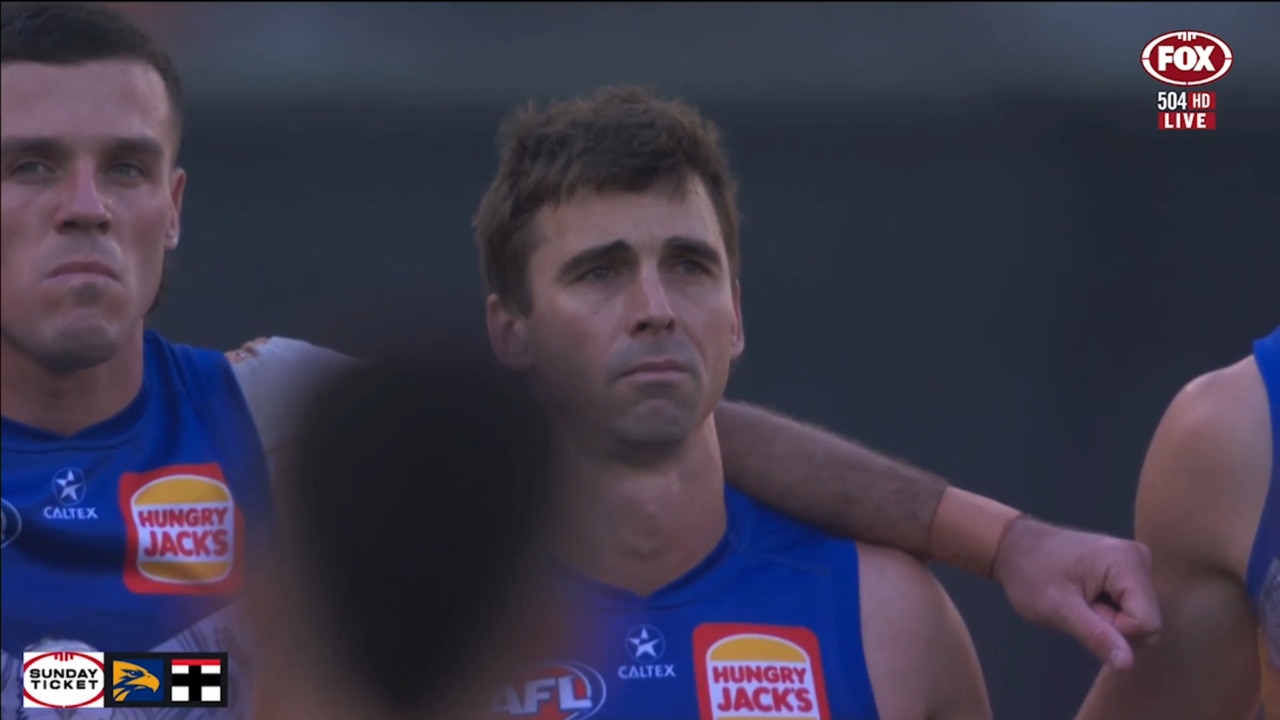 Emotional pregame scenes as West Coast Eagles remember Adam Selwood