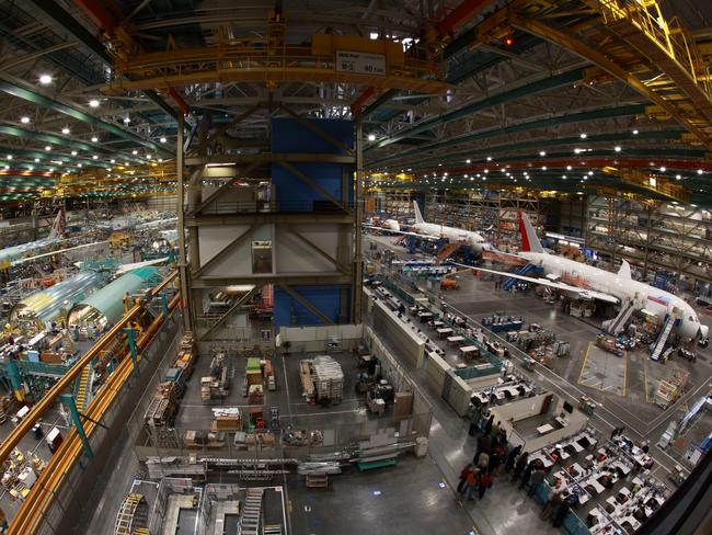 The 777 and 787 assembly line at the Boeing factory.