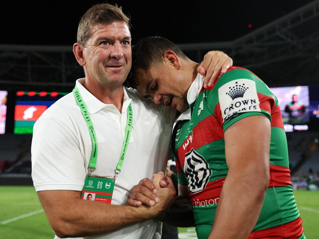 Jason Demetriou with Latrell Mitchell in 2023. Picture: Mark Metcalfe/Getty Images