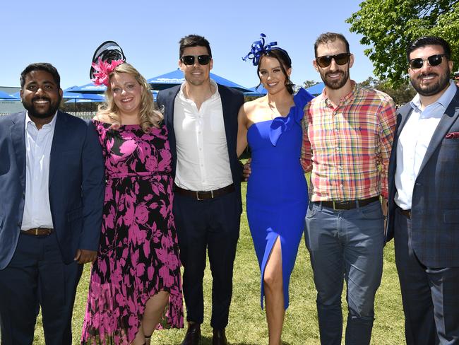 Apiam Bendigo Cup was held at Bendigo Racecourse, Bendigo, Victoria, on Wednesday, October 30th, 2024. Pictured enjoying the horse racing carnival are Pavan, Lerreace, Angus, Amber, Rob, Rocco. Picture: Andrew Batsch