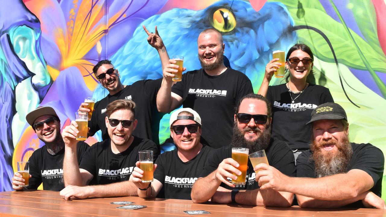 The Blackflag Brewing crew at the grand opening of their Coolum Beach brewery. Front row: Ross Holloway, Clin Hagerty, Steven Barber, John Coumessos, Ben Baker. Back row: Greg pieris, Connor Aldridge and Nicola Cosmann. Picture: Sam Turner