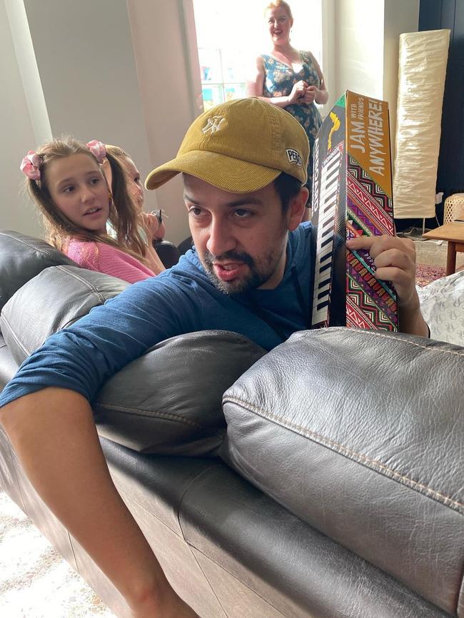 Lin-Manuel Miranda is pictured visiting the home of TV cartoon character Bluey in Brisbane. Picture: Instagram @leigh_sales