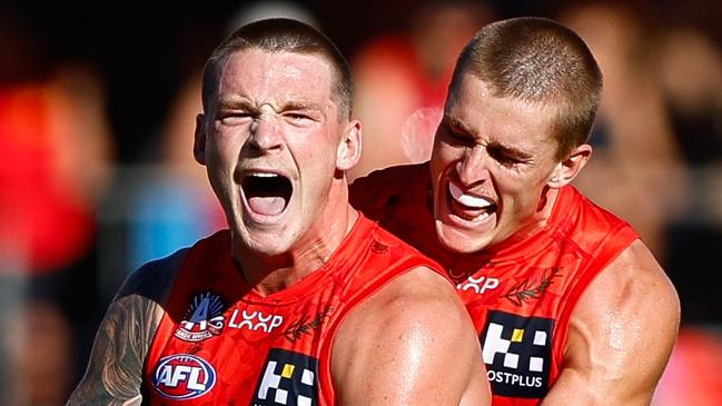 GOLD COAST, AUSTRALIA - APRIL 27: Bailey Humphrey of the Suns celebrates a goal during the 2025 AFL Round 07 match between the Gold Coast Suns and the Sydney Swans at People First Stadium on April 27, 2025 in the Gold Coast, Australia. (Photo by Russell Freeman/AFL Photos via Getty Images)