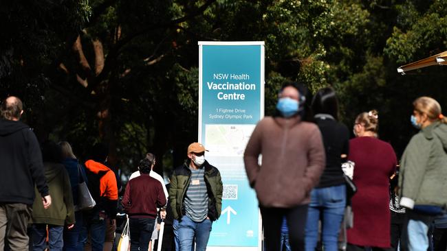 Sydney residents queue at the mass vaccination hub at Olympic Park. Picture: NCA NewsWire/Joel Carrett