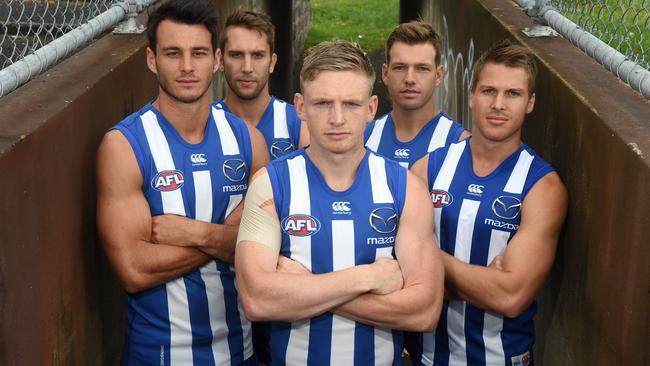 North Melbourne's new leadership group (from left) Robbie Tarrant, Jamie Macmillan, Jack Ziebell, Shaun Higgins and Andrew Swallow. Picture: Kylie Else