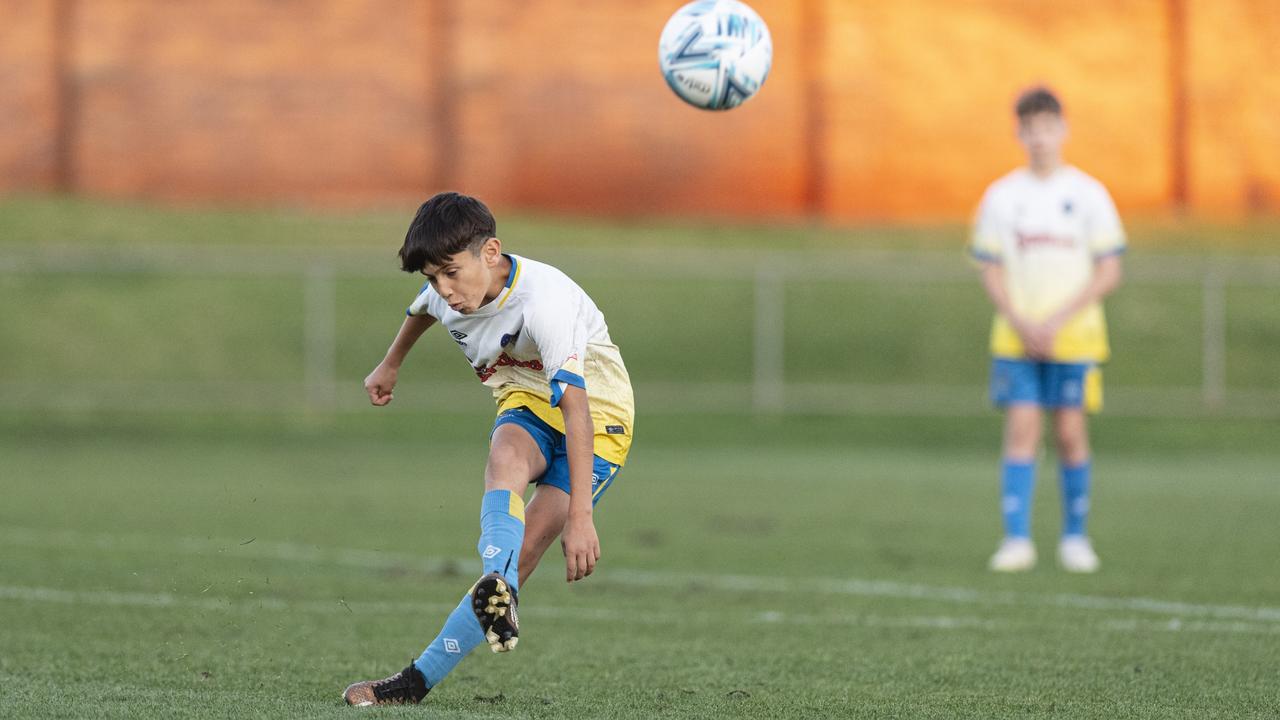 Luay Khudher of USQ FC against Rockville Rovers White in Football Queensland Darling Downs Community Juniors U13 Div 1 Maroon grand final at Clive Berghofer Stadium, Friday, August 30, 2024. Picture: Kevin Farmer