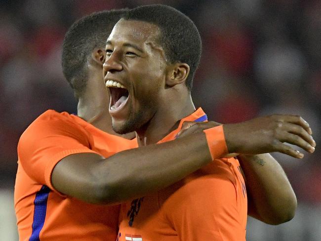 Georginio Wijnaldum playing for The Netherlands.