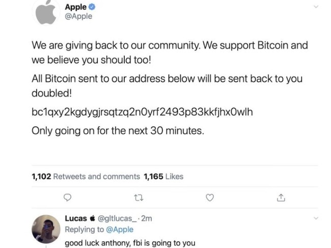 The new removed tweet from Apple's official website urging users donate Bitcoins for double the return. Source: 9to5 Mac.