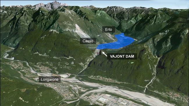 An illustrative map showing the Vajont Dam and the town of Longarone.