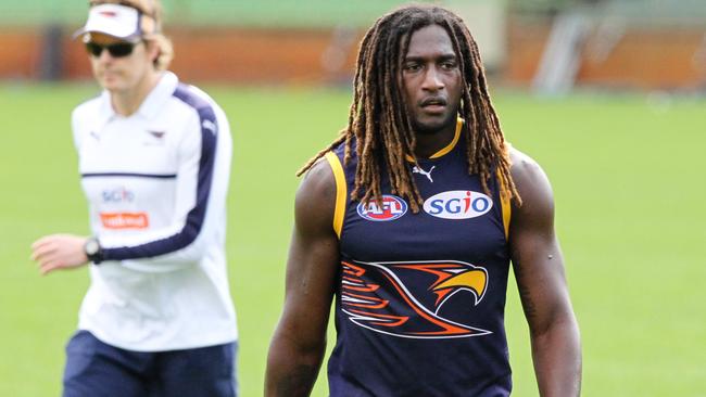 West Coast Eagles AFL player Nic Naitanui takes part in an open training session at Domain Stadium in Perth, Monday, September, 11, 2017. The West Coast Eagles will play Greater Western Sydney in the first semi finals on Saturday. (AAP Image/Richard Wainwright) NO ARCHIVING