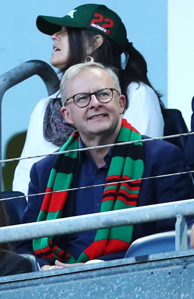 Anthony Albanese watches the round five NRL match between the South Sydney Rabbitohs and the St George Illawarra Dragons in Sydney over the weekend. Picture: Mark Metcalfe/Getty Images