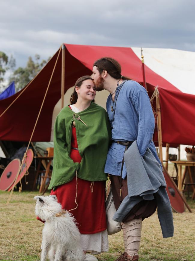 Jalyn Maher and partner Jarrad Bryce and their dog Loki. (AAP Image/David Swift)