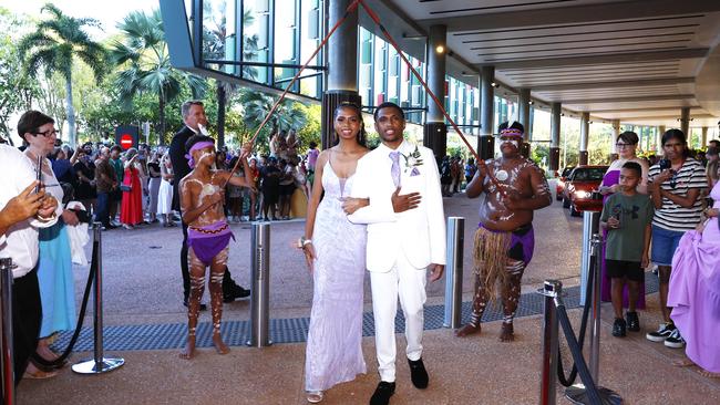 Wypaan Ambrum and Liam Basse arrive at the Trinity Bay High School formal evening, held at the Cairns Convention Centre. Picture: Brendan Radke