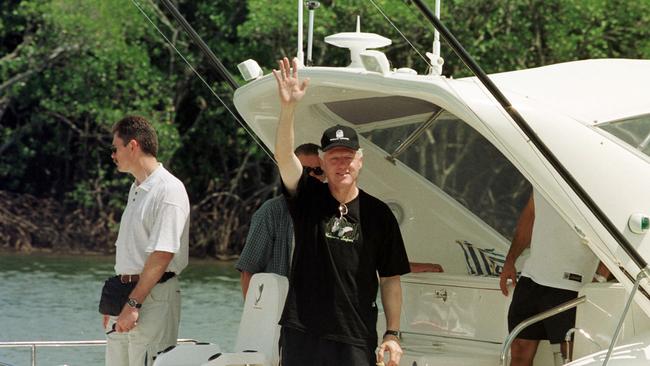 USA politician former President Bill Clinton aboard boat "Davilora" at Port Douglas, Queensland, Australia 11 Sep 2001.