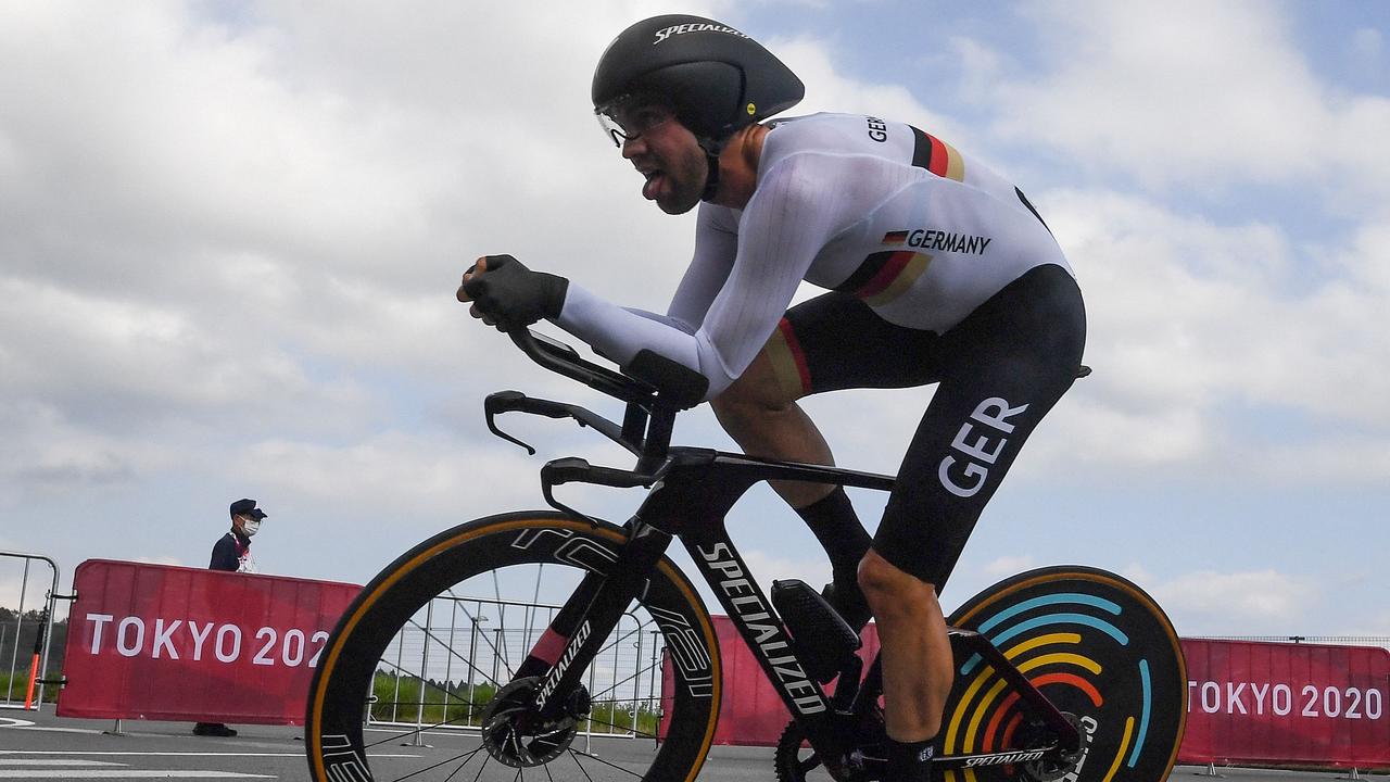 Germany's Maximilian Schachmann competes in the men's cycling road individual time trial during the Tokyo 2020 Olympic Games at the Fuji International Speedway in Oyama, Japan, on July 28, 2021. (Photo by Greg Baker / AFP)