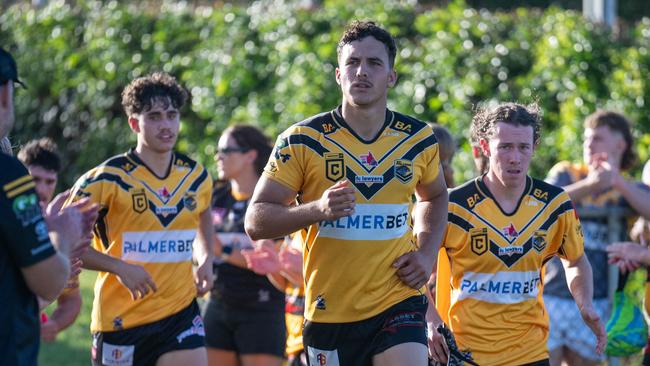 Sunshine Coast Falcons Mal Meninga captain Jackson Kite leads his team out. Picture: Kyliesfootyphotos/Kylie McLellan