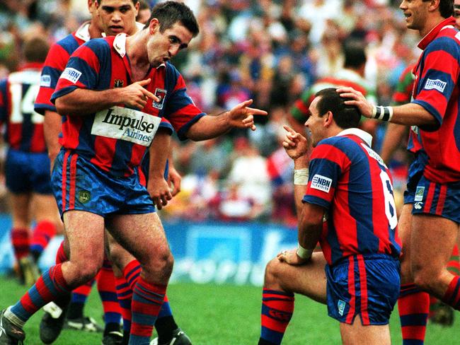 Andrew and Matty Johns celebrate a Knights try in 1999. Picture: Robert McKell