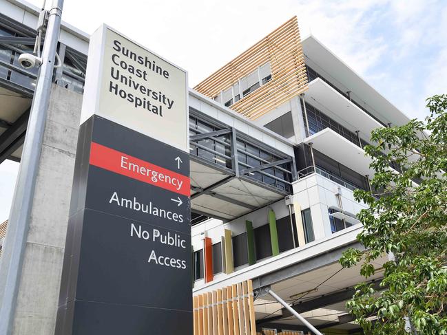 Ambulances ramped at outside emergency room at Sunshine Coast University Hospital. Picture: Patrick Woods.