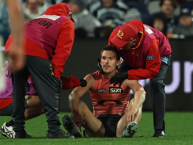 GEELONG, AUSTRALIA - JUNE 07: Noah Anderson of the Suns is s seen after a collision with Tom Atkins of the Cats during the round 13 AFL match between Geelong Cats and Gold Coast Suns at GMHBA Stadium, on June 07, 2025, in Geelong, Australia. (Photo by Robert Cianflone/Getty Images)