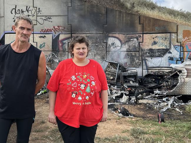 Craig  Smith and Rebecca Thomas lost all their belongings when their caravan was set on by fire. Picture: Natalie Vikhrov