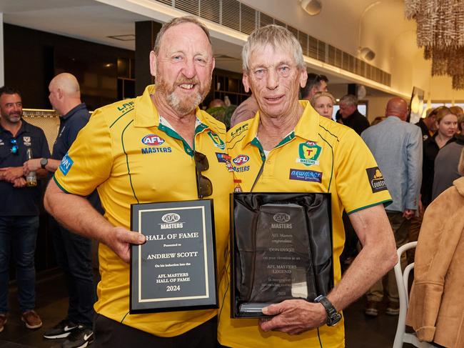 AFL Masters Tasmania Hall of Fame duo Andrew Scott and Donny Dykes during the AFL Masters Hall of Fame ceremony in Fremantle. Picture: David Broadway