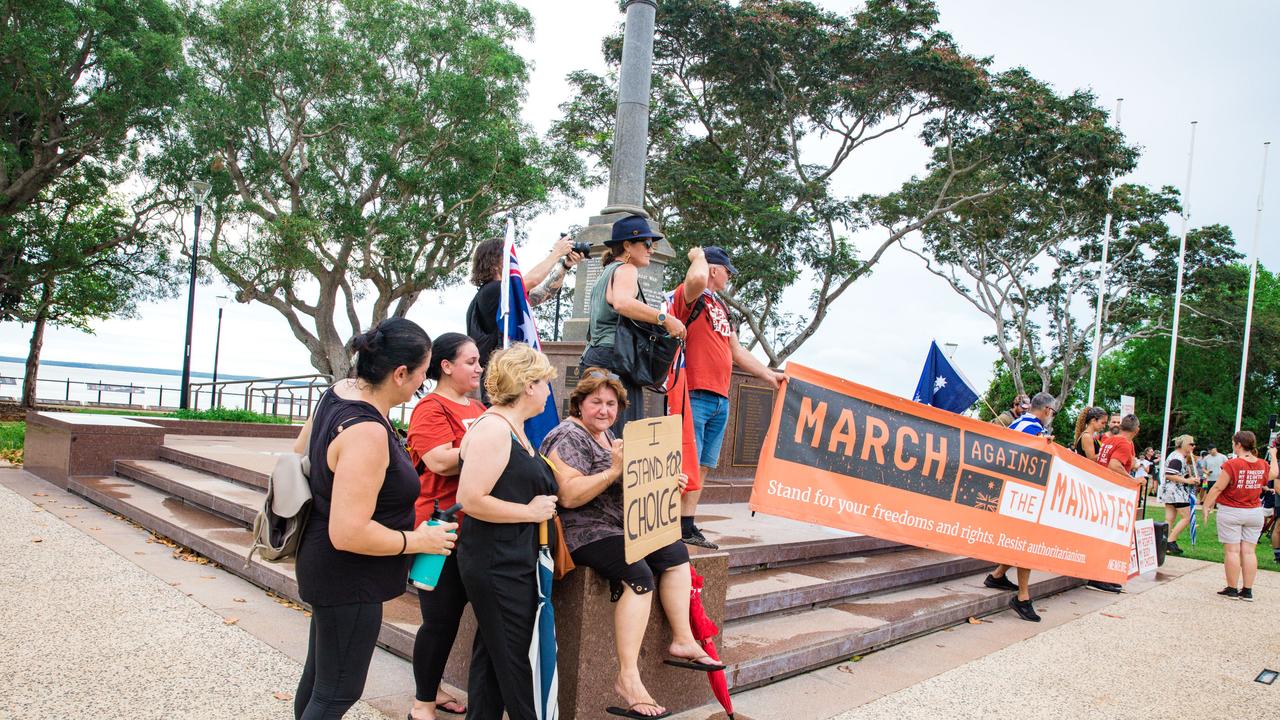 Protesters congregate at the Cenotaph at a Free in the NT march in Darwin. Picture: Glenn Campbell