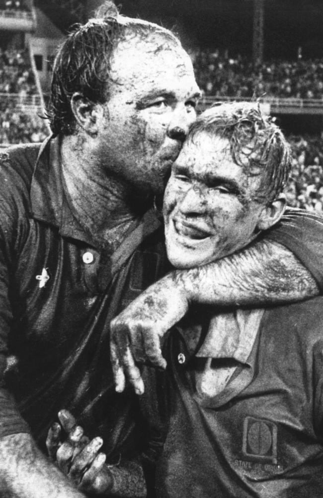 Maroons Captain Wally Lewis kisses Allan Langer on the head after NSW vs. Qld State of Origin game in 1987. Picture: Peter Barnes
