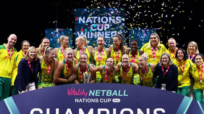 LEEDS, ENGLAND - JANUARY 28: Australia celebrate during the trophy presentation after their victory during the Vitality Netball Nations Cup Final match between TBC and TBC at First Direct Arena on January 28, 2024 in Leeds, England. (Photo by Naomi Baker/Getty Images for England Netball)