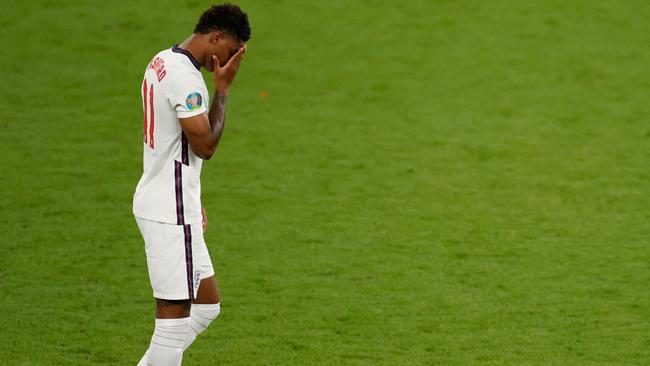 England forward Marcus Rashford reacts after missing his penalty in the shootout against Italy. Picture: AFP