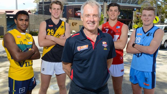 SANFL talent manager Brenton Phillips with SA Hub of AFL Academy members, from left, Kysaiah Pickett, Kaine Baldwin, Karl Finlay and Josh Shute. Picture: Brenton Edwards/AAP