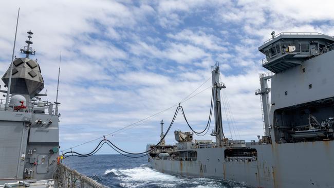 The Anzac-class frigate HMAS Stuart, left, is refuelled at sea by the New Zealand Navy Polar-class sustainment ship HMNZS Aotearoa. ‘Australia and New Zealand would do better to co-operate now. They will either secure their neighbourhood together or watch it unravel separately.’ Picture: ADF