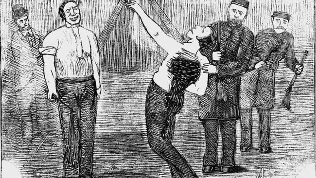 A late 19th Century engraving of a prisoner flogging at a Victorian prison. Floggings often left convicts bloodied. Picture: State Library of Victoria