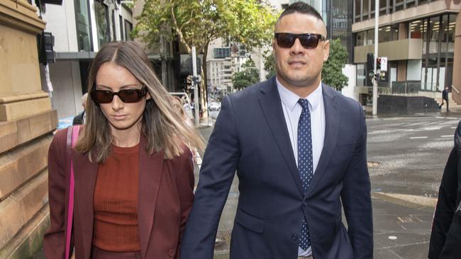 Jarryd Hayne supported by his wife, Amellia Bonnici. Picture: NCA NewsWire/ Simon Bullard