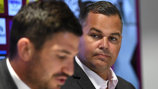 Broncos coach Anthony Seibold during Matt Gillett’s retirement announcement. Photo: Dan Peled/ AAP Image