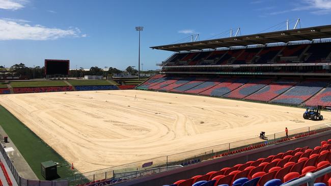 A sandy pitch at McDonald Jones Stadium as the Evergreen Matrix Instant Play Turf was in the process of being laid.