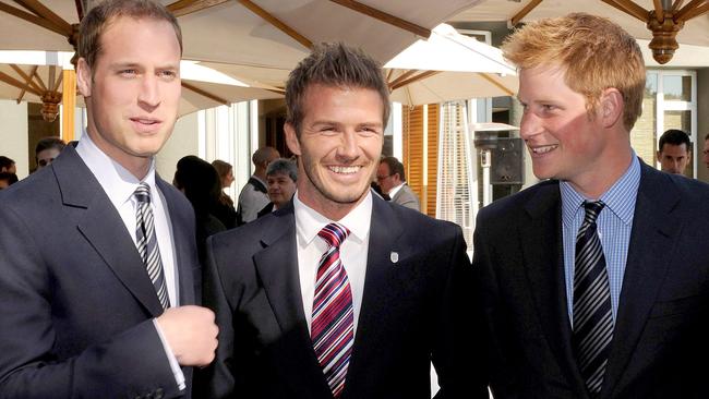 England team ambassador David Beckham, centre, Prince William, left, and Prince Harry at an FA reception at the Saxon Hotel in Johannesburg, South Africa, Saturday June 19, 2010. (AP Photo/Luca Ghidoni, Pool)