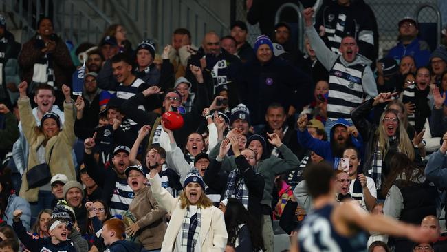 Geelong fans show their support during the Round 11 AFL match between the Cats and the Western Bulldogs. Picture: Morgan Hancock/Getty Images.