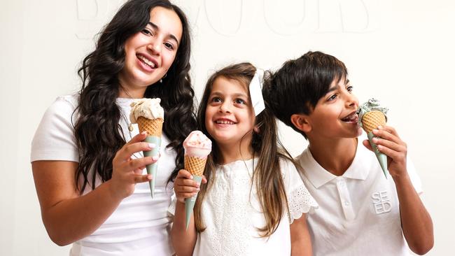 Ice cream is part of life for the Karamalis children – Amalia, 12, Maisie, 4, and Archie, 10. Picture: Russell Millard Photography