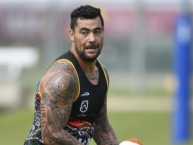 TOWNSVILLE, AUSTRALIA - FEBRUARY 17: Andrew Fifita of the Indigenous All Stars runs the ball during an Indigenous Men's All-Star training session at Townsville Sports Reserve on February 17, 2021 in Townsville, Australia. (Photo by Ian Hitchcock/Getty Images)