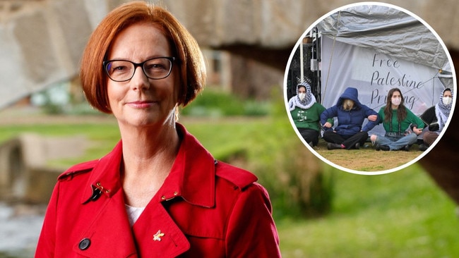 Former prime minister Julia Gillard, and the Melbourne University encampment on Monday, inset. Picture: Matt Turner/AAP