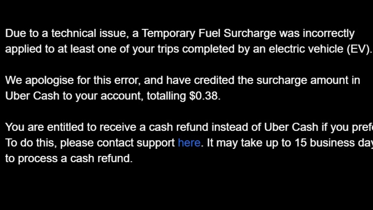 The email from Uber sent to customers. Picture: Supplied
