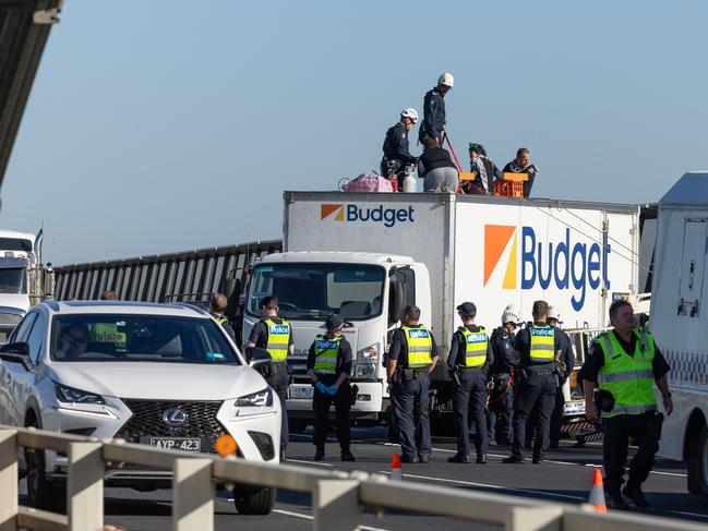 The protesters used a truck to block three city-bound lanes of the West Gate Bridge. Picture: Jason Edwards