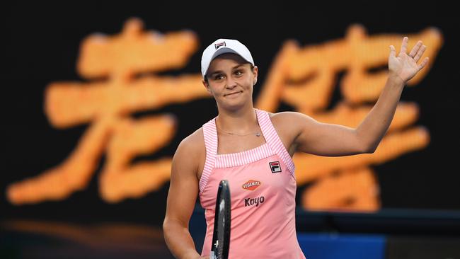 Ash Barty celebrates victory yesterday. Picture: AAP