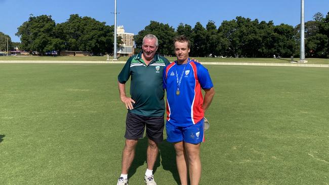 Aaron Bills (right), pictured with Mark Curry after being awarded the Mark Curry Medal as man of the match of the final of the 2023/24 NSW Country Cricket Championships. Photo: Alex Pichaloff