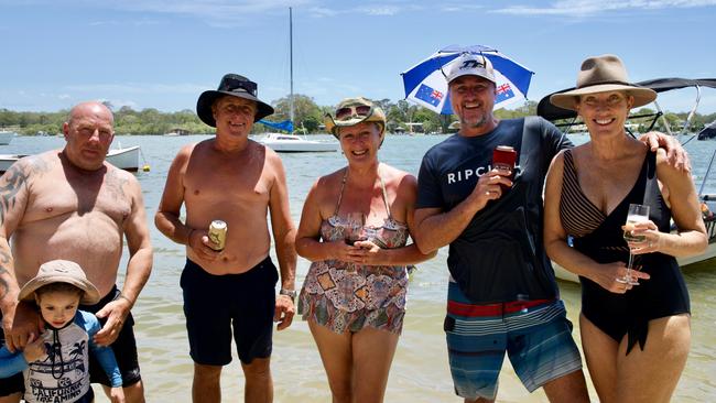 John Felici, John Michael Felici, 5, Dave Clancy, Sally White, Pete Goodridge and Ginny Ward at the Noosa Australia Day Festival at Lions Park Gympie Terrace Noosaville, on January 26, 2023. Picture: Katrina Lezaic