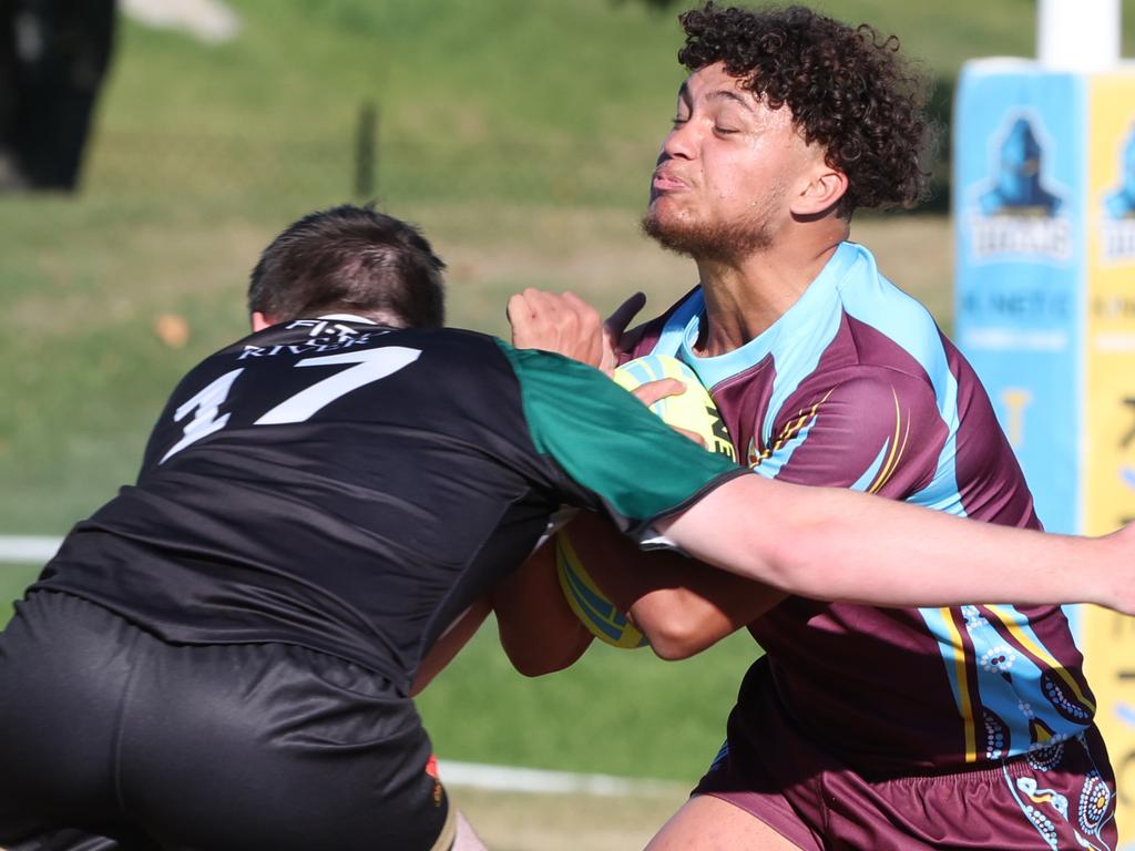 Titans Cup Finals. Tweed River High (green and Black) v Keebra Park (blue) in Open Boys Development division at Southport Tigers . Picture Glenn Hampson.