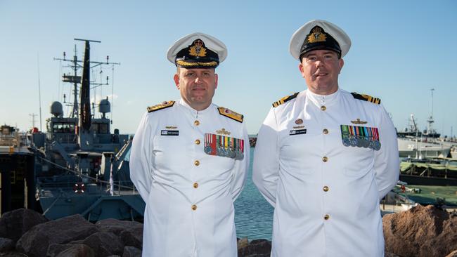 Commander of the Surface Force, Commodore Terence Morrison and Lieutenant Commander Christopher Wardle, with HMAS Broome (II) in the background. Picture: Pema Tamang Pakhrin