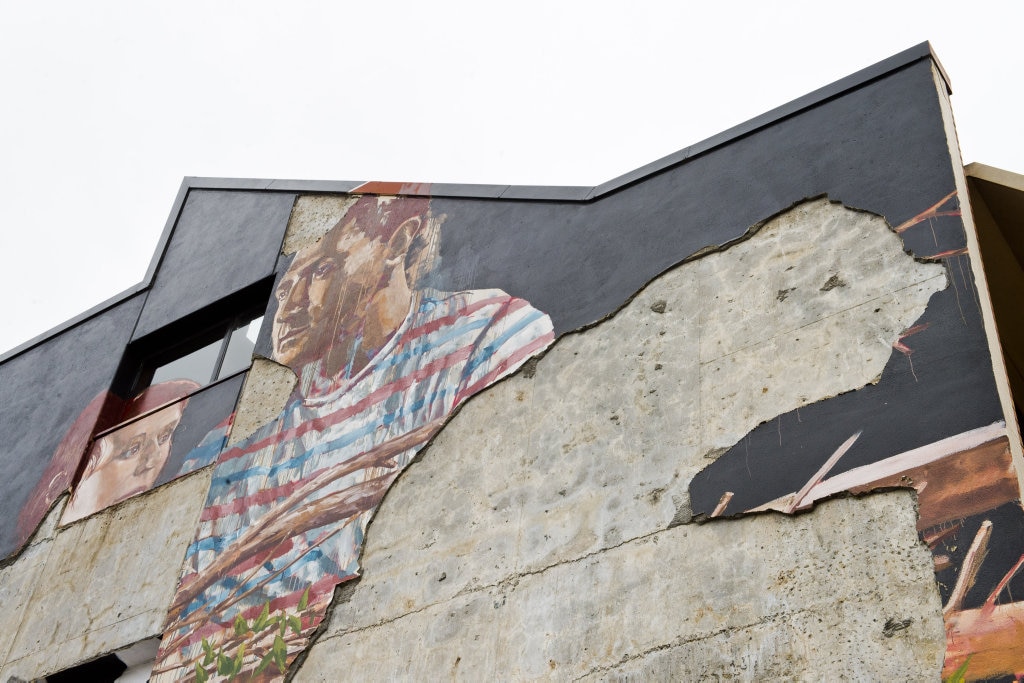 MISSING PARTS: Fintan Magee's First Coat mural on the SES building wall in Hume St car park is falling to pieces . Friday Nov 11, 2016. Picture: Nev Madsen