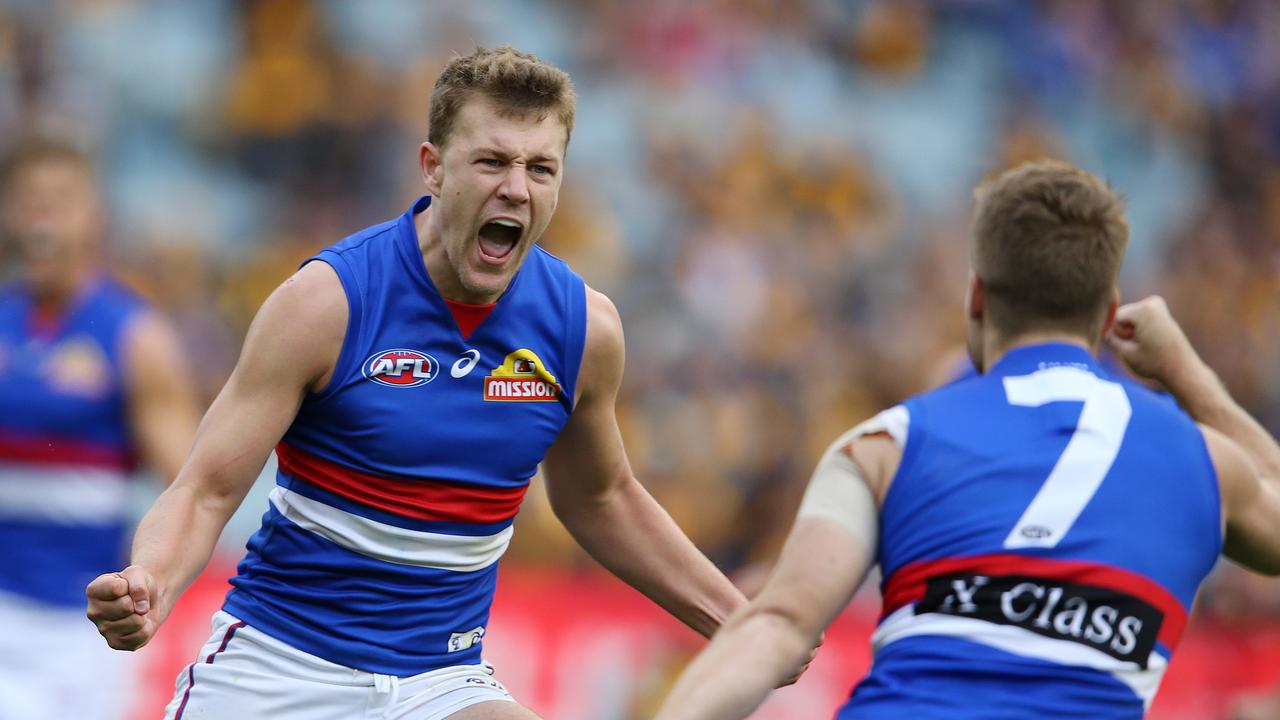 Jack Macrae celebrates after kicking a goal this season. Pic: Michael Klein.